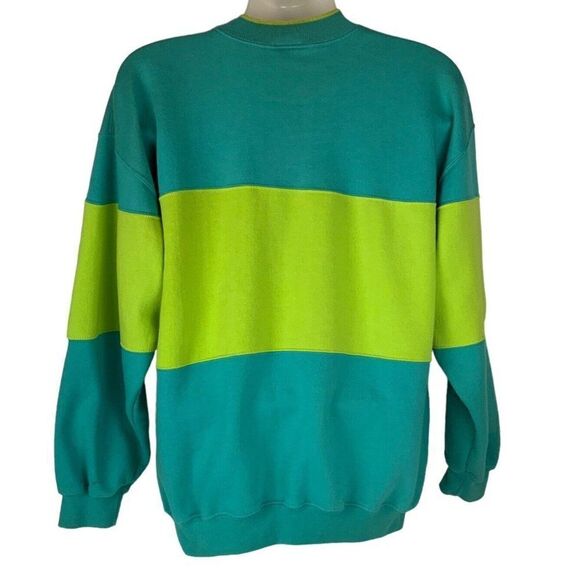Vtg 90s Crewneck Sweatshirt Mens Large Lime Turquoise Color Block Stripe Mervyns - Picture 2 of 7